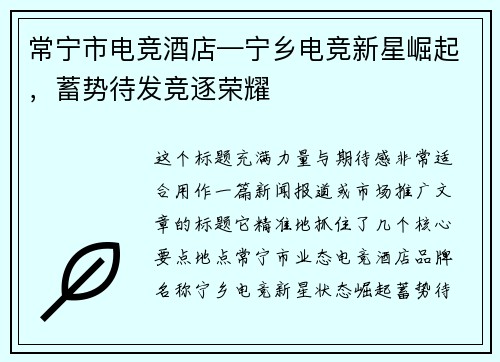 常宁市电竞酒店—宁乡电竞新星崛起，蓄势待发竞逐荣耀